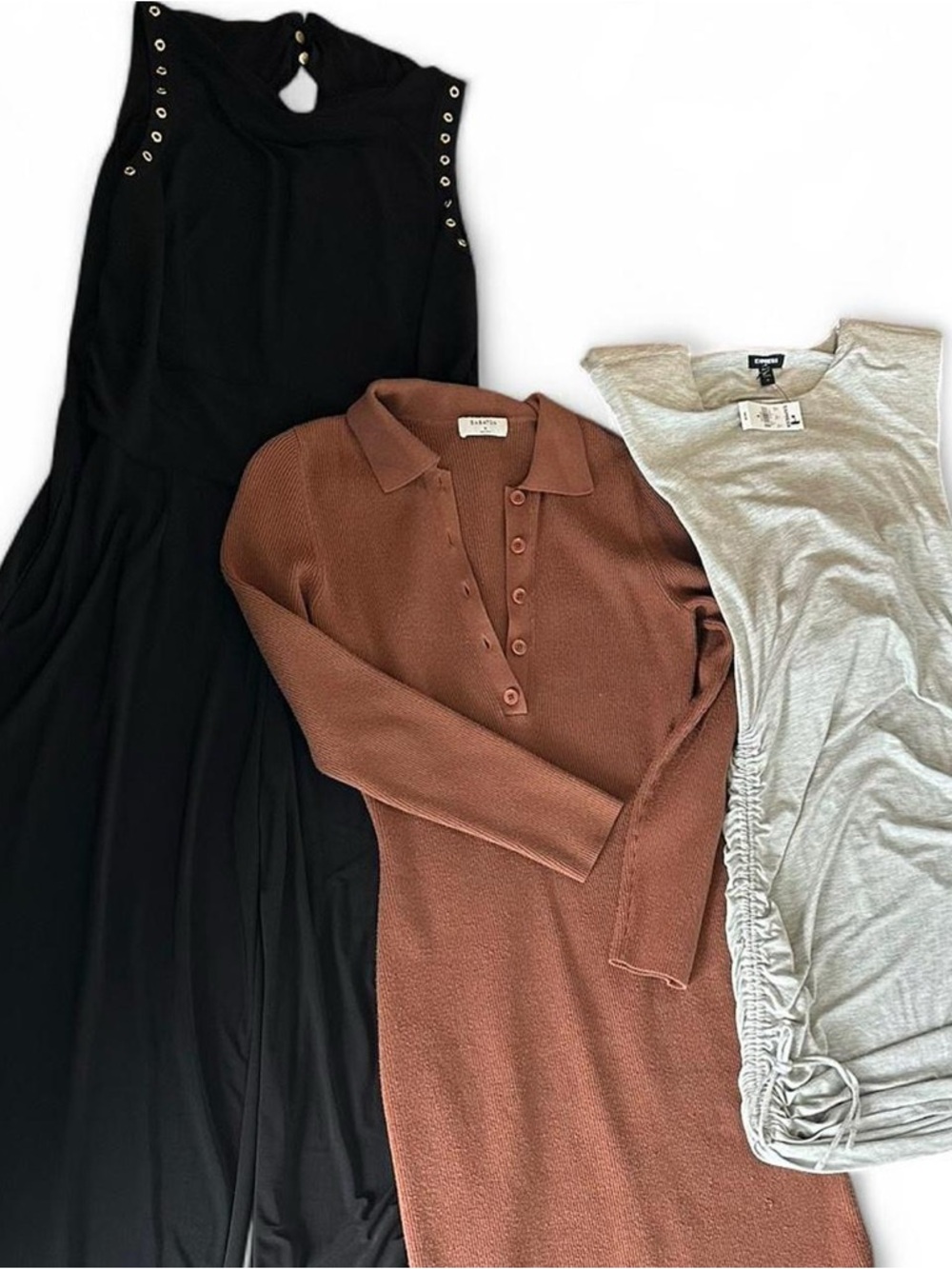 Black jumpsuit and brown ribbed Babaton dress grey express dress has makeup 🫟